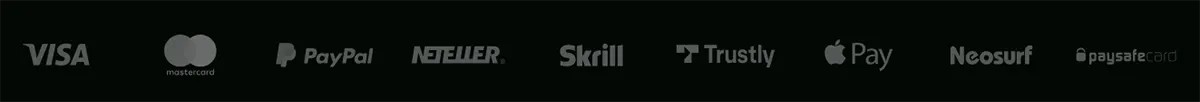 Row of payment method logos on a dark background, including Visa, Mastercard, PayPal, Neteller, Skrill, Trustly, Apple Pay, Neosurf, and paysafecard.
