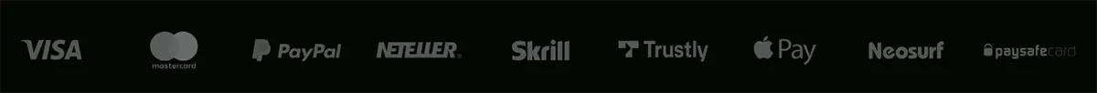 Row of payment method logos on a dark background, including Visa, Mastercard, PayPal, Neteller, Skrill, Trustly, Apple Pay, Neosurf, and paysafecard.