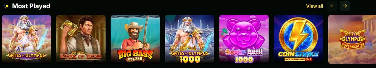 “Most Played” slot carousel showing game tiles including Gates of Olympus, Book of Dead, Big Bass Splash, Gates of Olympus 1000, Sugar Rush 1000, Coin Strike Hold and Win, and a partially visible Gates of Olympus Super Scatter, with “View all” and arrow controls.