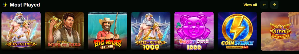 “Most Played” slot carousel showing game tiles including Gates of Olympus, Book of Dead, Big Bass Splash, Gates of Olympus 1000, Sugar Rush 1000, Coin Strike Hold and Win, and a partially visible Gates of Olympus Super Scatter, with “View all” and arrow controls.