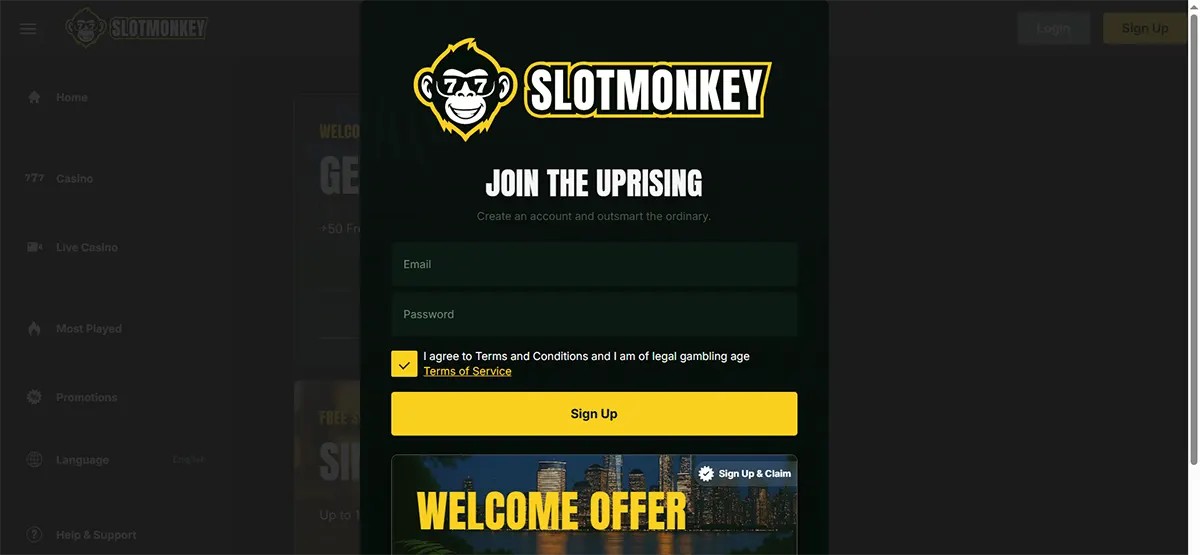 SlotMonkey sign-up pop-up with the SlotMonkey logo and “Join the Uprising” heading, showing email and password fields, a terms and legal age checkbox, a large yellow “Sign Up” button, and a welcome offer banner preview below.