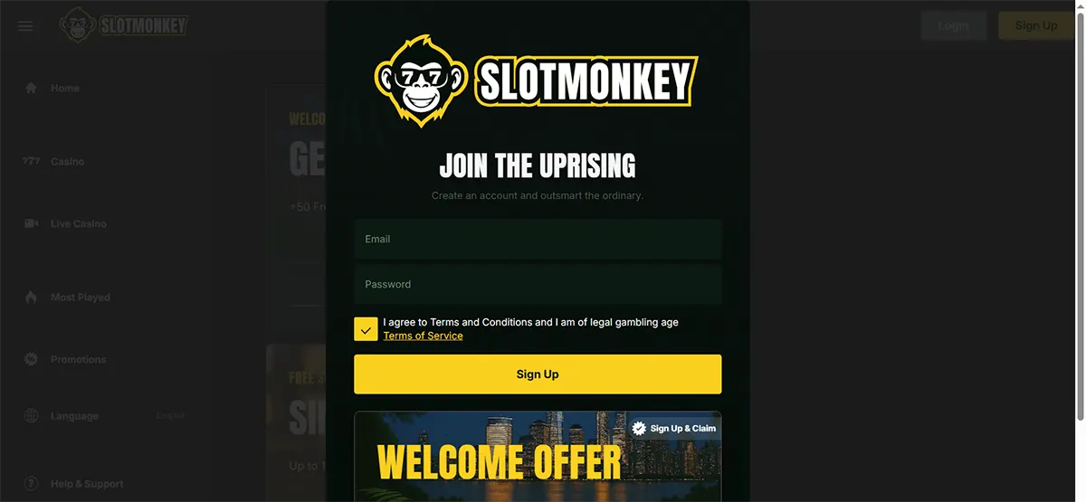 SlotMonkey sign-up pop-up with the SlotMonkey logo and “Join the Uprising” heading, showing email and password fields, a terms and legal age checkbox, a large yellow “Sign Up” button, and a welcome offer banner preview below.